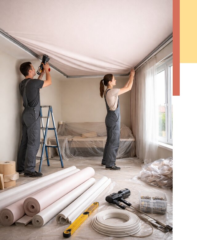 Монтаж цветного натяжного потолка в Ульяновске от 4320 руб/м² — быстро и недорого | ОТДЕЛОЧНИК-Улн